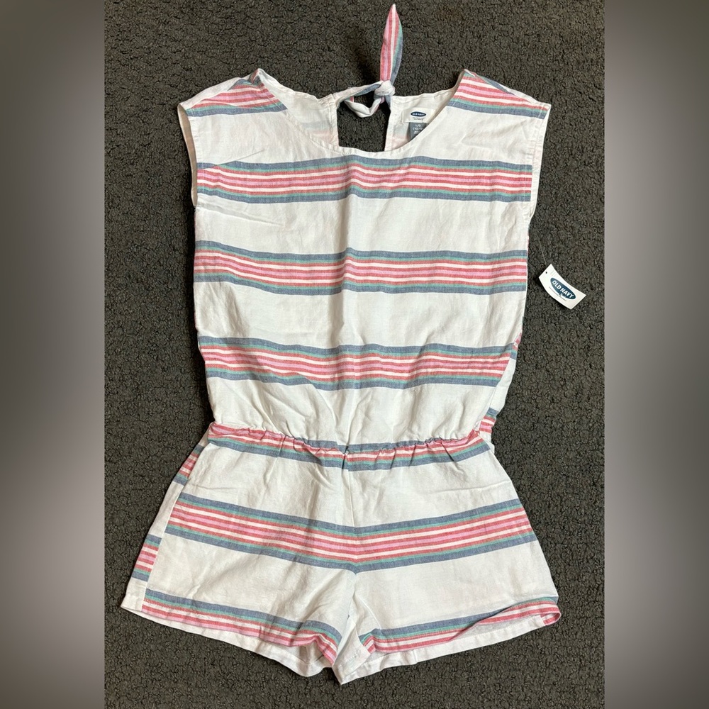 Old Navy Girls Casual Linen White Red Blue Pink Striped Romper Size Large 10/12